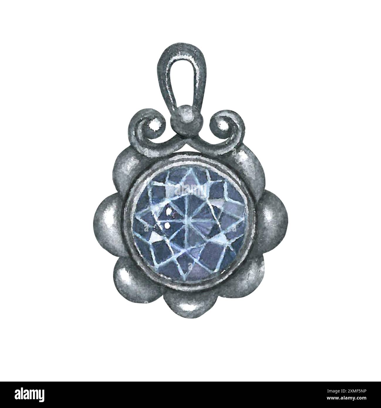 Aquarellabbildung eines Anhängers mit einem Edelstein. Isoliert auf weißem Hintergrund, handgezeichnet Stockfoto