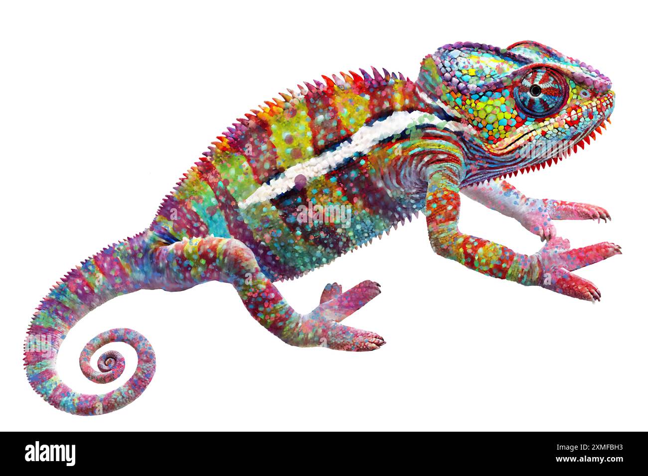 Digitale Aquarellmalerei von buntem Chamäleon isoliert auf weißem oder transparentem Hintergrund Stockfoto