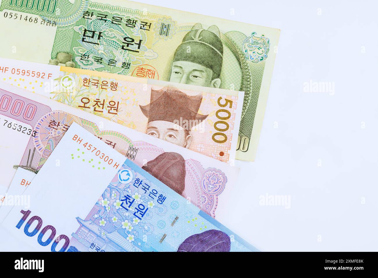 Banknoten Südkoreanischer Won in verschiedenen Stückelungen werden von der Korea National Bank ausgegeben Stockfoto