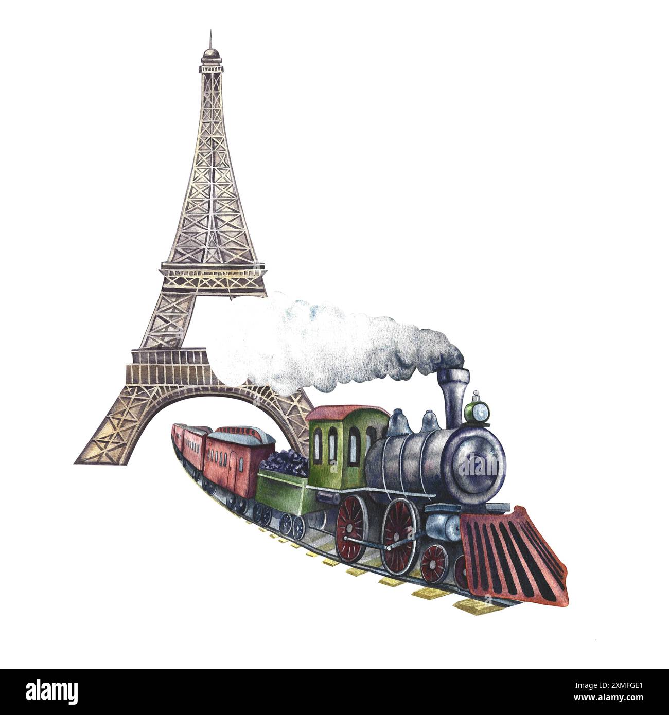 Der Zug verlässt den Eiffelturm. Vintage-Dampflokomotive im Retro-Stil. Eine Aquarellabbildung von Hand. Isolieren Sie sie. Für Banner, Flyer, po Stockfoto