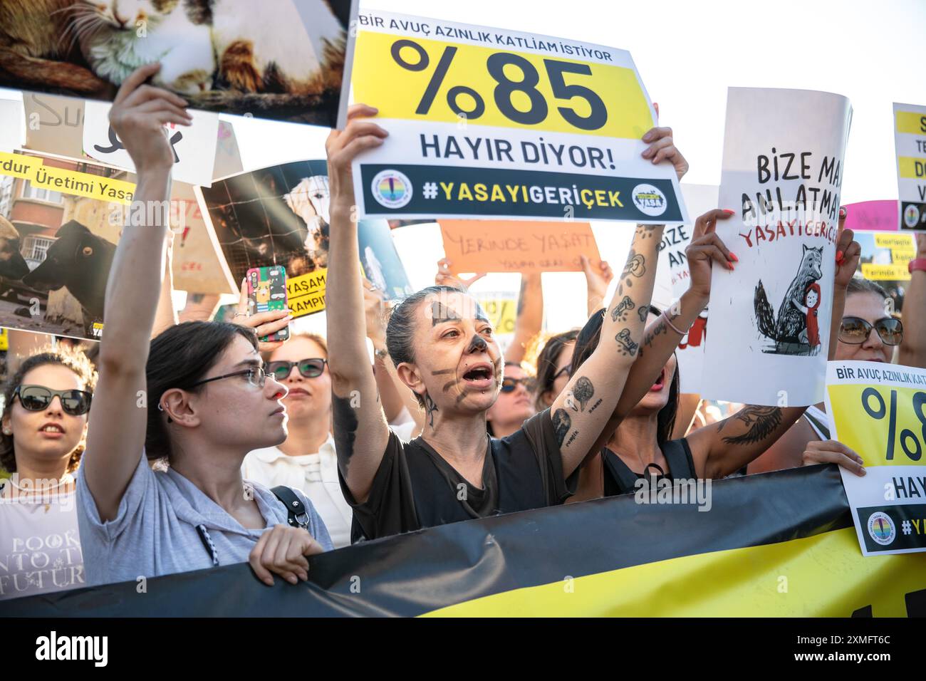 Istanbul, Türkei. Juli 2024. Eine Demonstrantin mit dem Gesicht, das wie ein Hund bemalt ist, hält ein Plakat, das ihre Meinung während der Demonstration zum Ausdruck bringt. Tierschutzaktivisten und Tierliebhaber, die wollen, dass das Gesetz über streunende Tiere aufgehoben wird, versammeln sich im Stadtteil Kadikoy in Istanbul. Quelle: SIPA USA/Alamy Live News Stockfoto