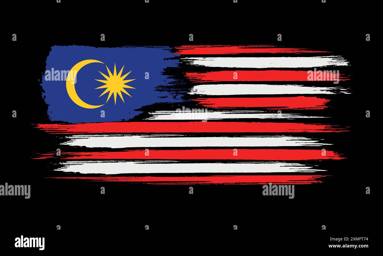 Distress Grunge Malaysia Flag Vektor Illustration, abstrakte Pinselstrich isoliert auf Einem schwarzen Hintergrund Stock Vektor