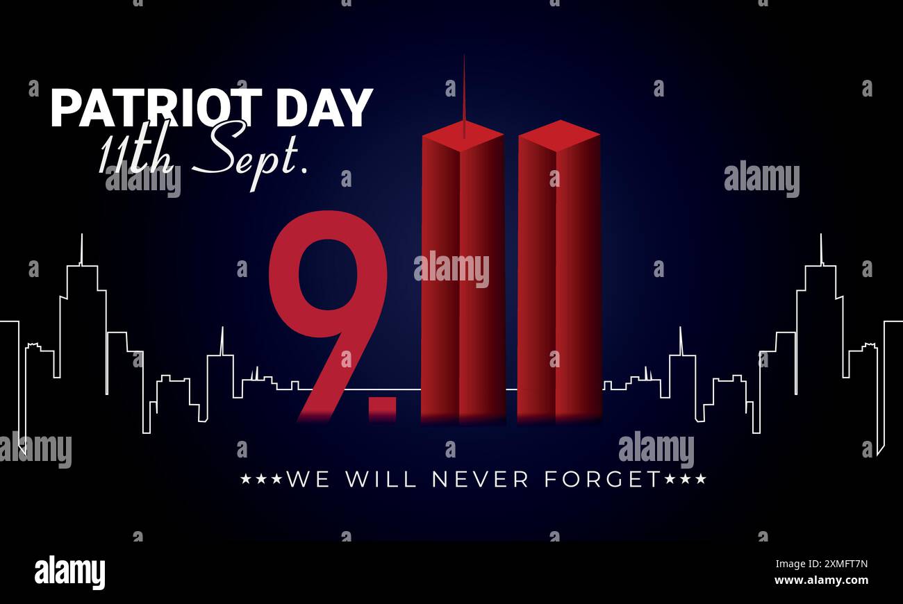 Twin Towers in der Skyline von New York City. 9-11 Angriffe in den USA. Wir Werden Den Patriot Day Nie Vergessen. Verwendbar für Banner, Poster, Vorlage, Hintergrund usw. Stock Vektor