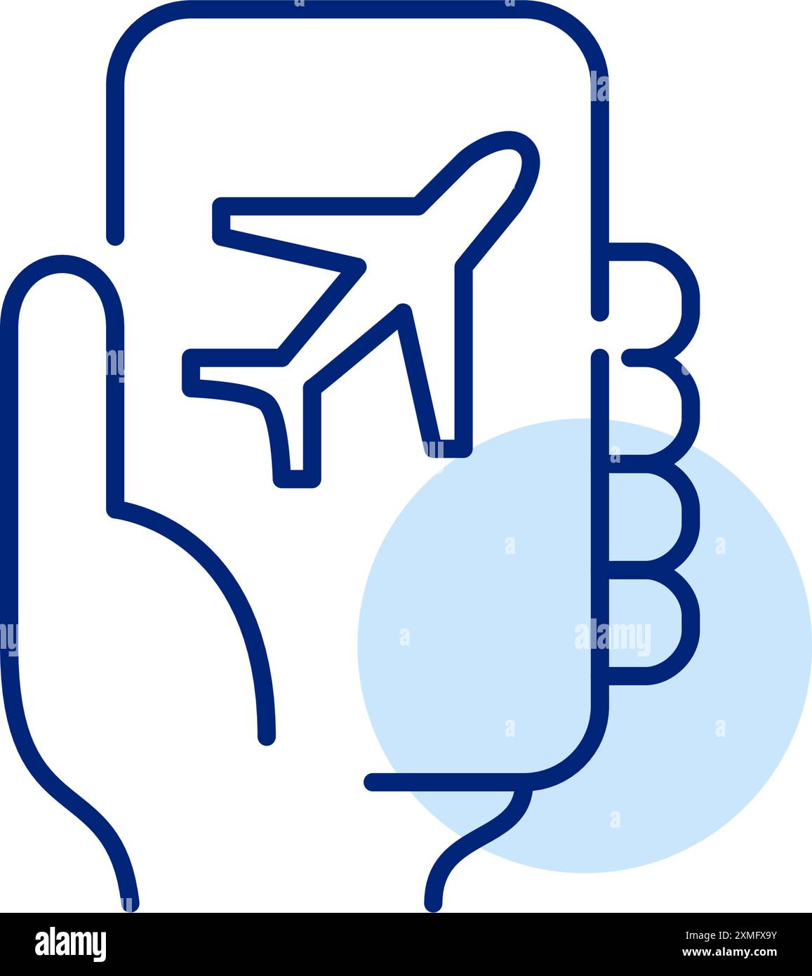 Hand hält das Telefon mit dem Flugzeug auf dem Bildschirm. Mobile Reise-App, Online-Flugkauf, elektronisches Ticket. Symbol für Pixelperfekte, bearbeitbare Kontur Stock Vektor