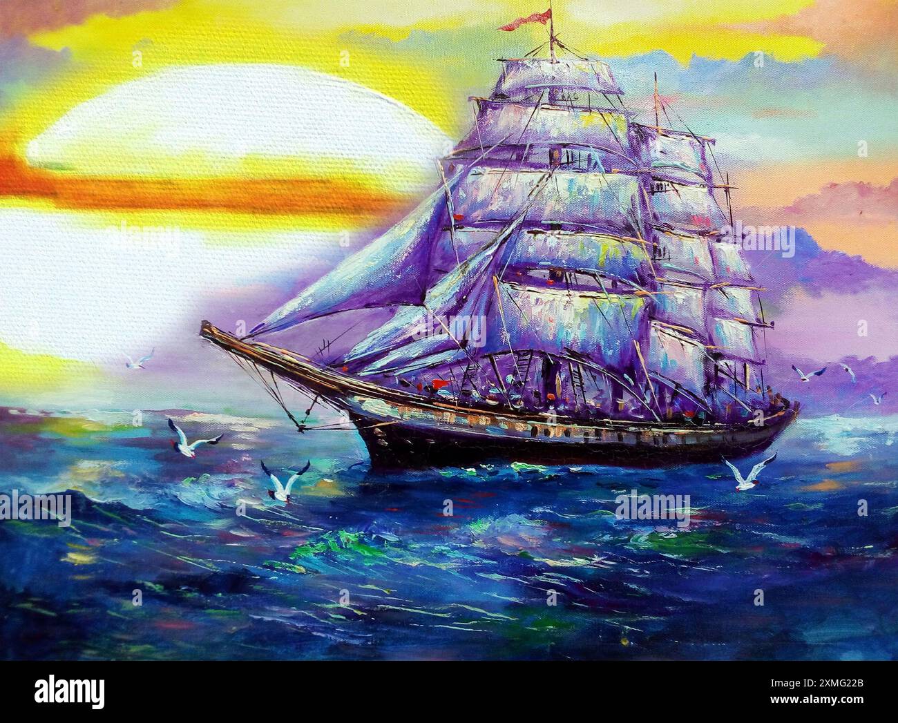 Kunst Ölgemälde Segelboot, Barque im Meer von thailand, Junk Boot, Glückshandel Stockfoto