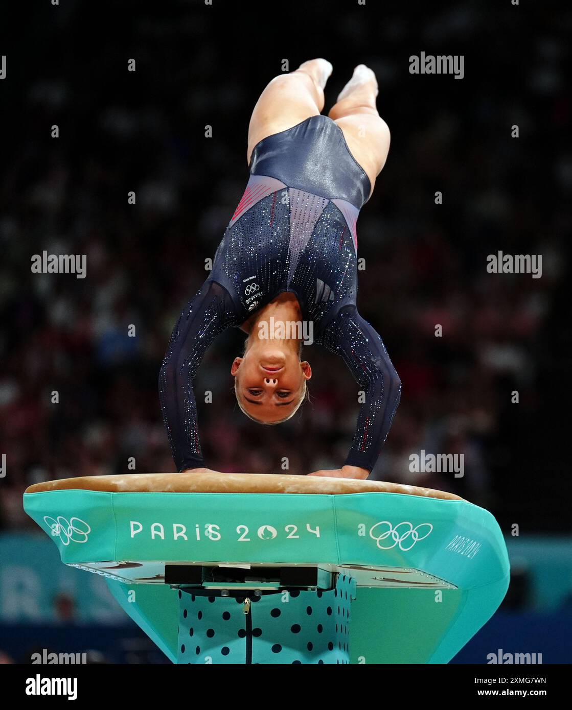 Die britische Ruby Evans im Tresor während der Kunstturnen, der Frauenqualifikation in der Bercy Arena, am zweiten Tag der Olympischen Spiele 2024 in Frankreich. Bilddatum: Sonntag, 28. Juli 2024. Stockfoto