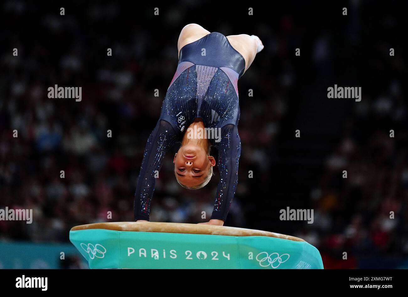 Die britische Ruby Evans im Tresor während der Kunstturnen, der Frauenqualifikation in der Bercy Arena, am zweiten Tag der Olympischen Spiele 2024 in Frankreich. Bilddatum: Sonntag, 28. Juli 2024. Stockfoto