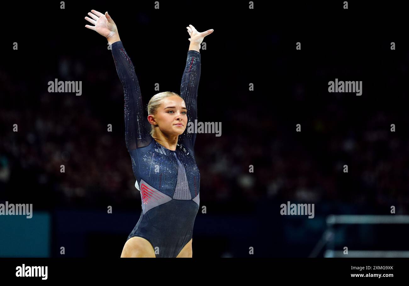 Die britische Ruby Evans tritt am zweiten Tag der Olympischen Spiele 2024 in Paris während der Kunstturnen, der Frauenqualifikation in der Bercy Arena, auf dem Balance Beam auf. Bilddatum: Sonntag, 28. Juli 2024. Stockfoto