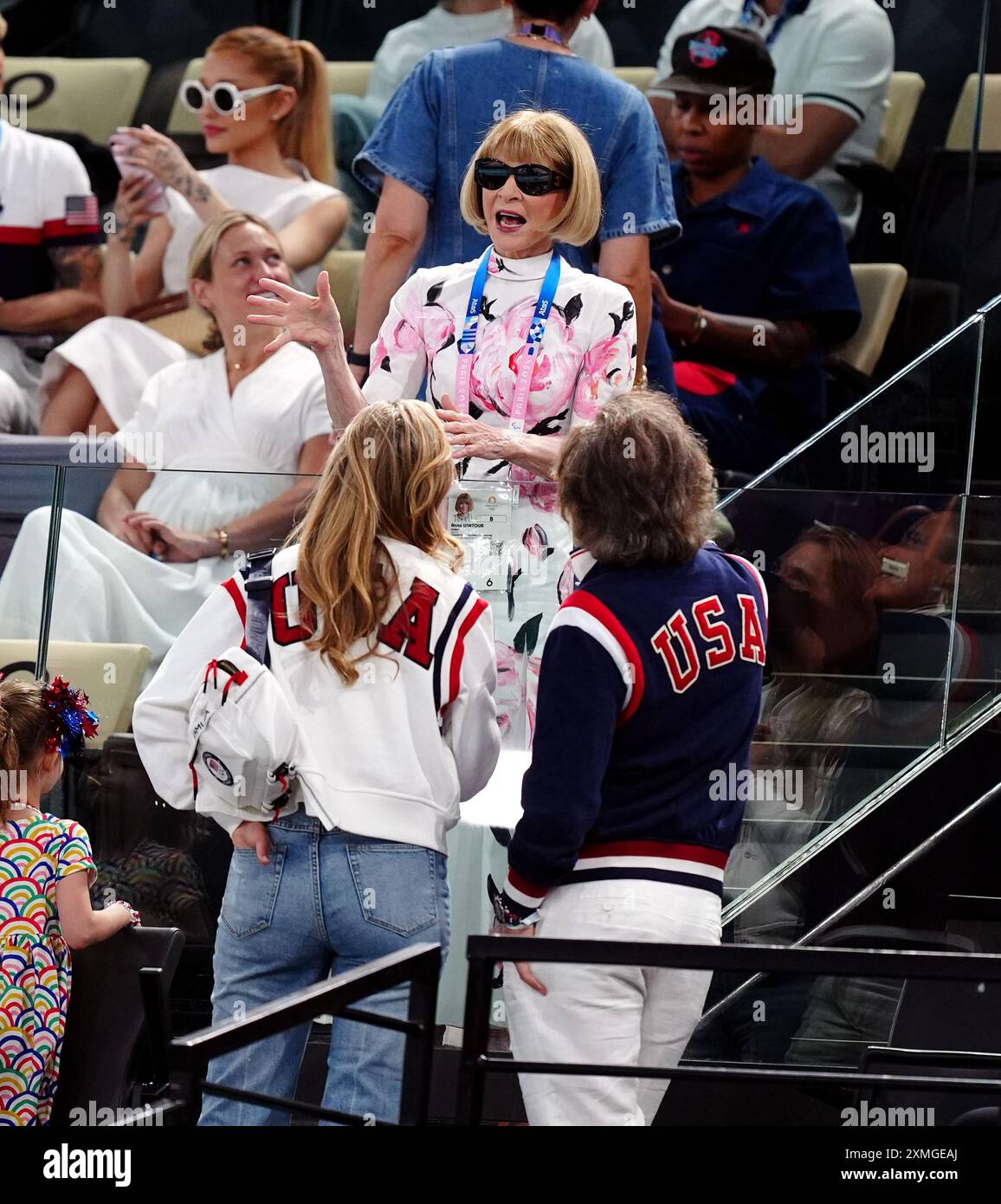 Anna Wintour in der Bercy Arena, am zweiten Tag der Olympischen Spiele 2024 in Paris. Bilddatum: Sonntag, 28. Juli 2024. Stockfoto