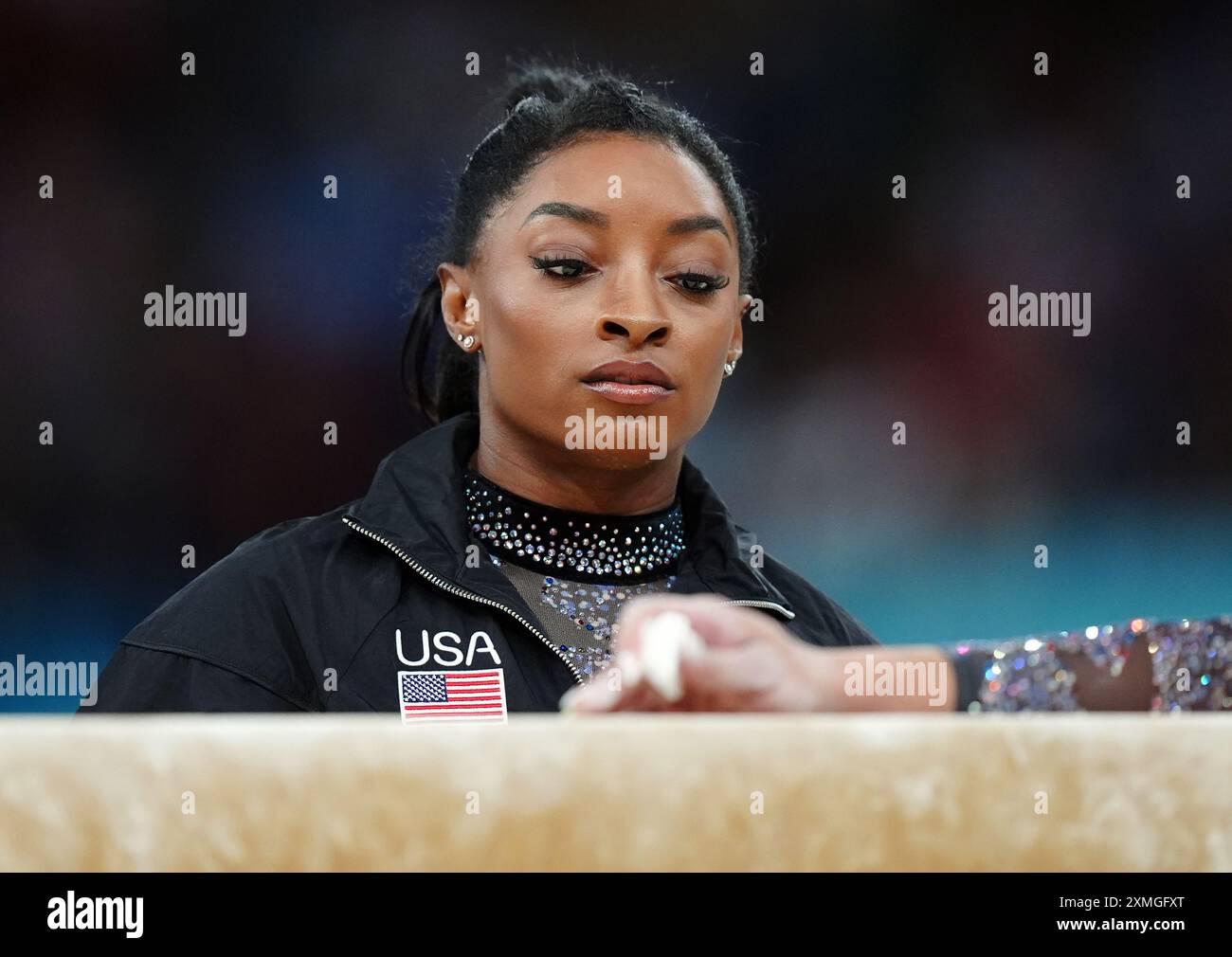 Simone Biles der USA während des Kunstturns, der Frauenqualifikation in der Bercy Arena, am zweiten Tag der Olympischen Spiele 2024 in Frankreich. Bilddatum: Sonntag, 28. Juli 2024. Stockfoto
