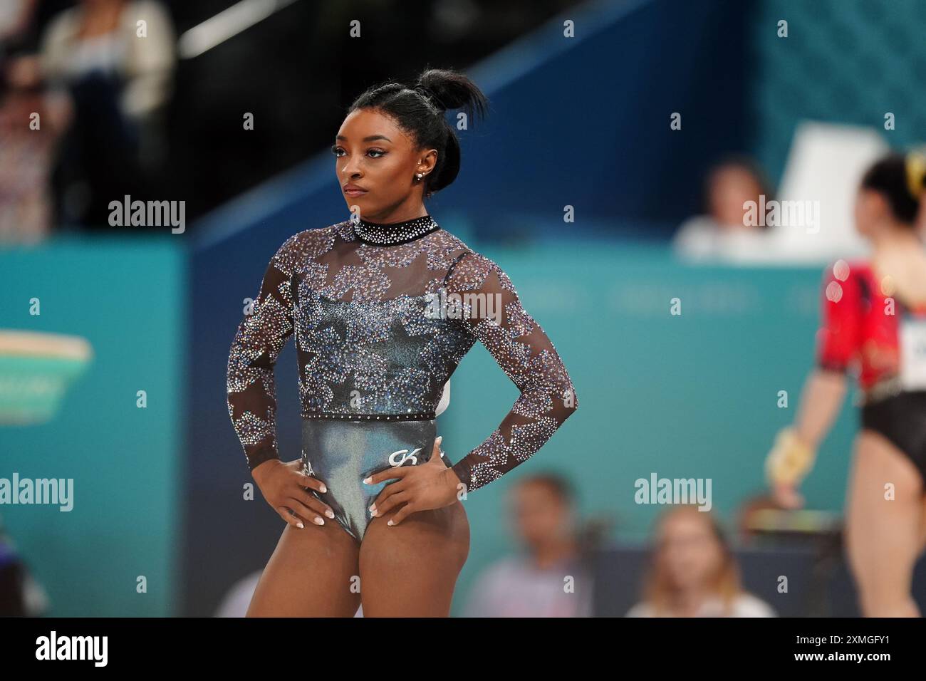 Simone Biles der USA während des Kunstturns, der Frauenqualifikation in der Bercy Arena, am zweiten Tag der Olympischen Spiele 2024 in Frankreich. Bilddatum: Sonntag, 28. Juli 2024. Stockfoto