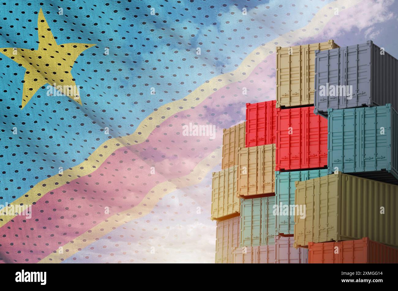 Die Flagge der Demokratischen Republik Kongo und ein großer Stapel von Frachtcontainern in Docks mit Himmelshintergrund aus nächster Nähe Stockfoto