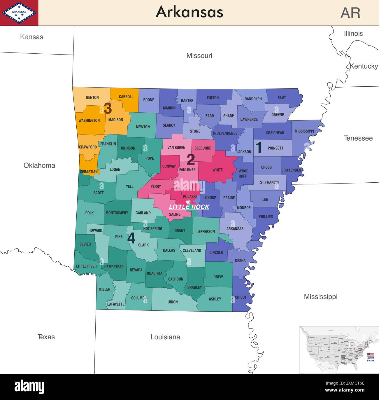 Arkansas State Map mit Countys Grenzen und farbigen Kongressbezirken Grenzen aufgrund der US-Volkszählung von 2020, die seitdem gültig ist Stock Vektor