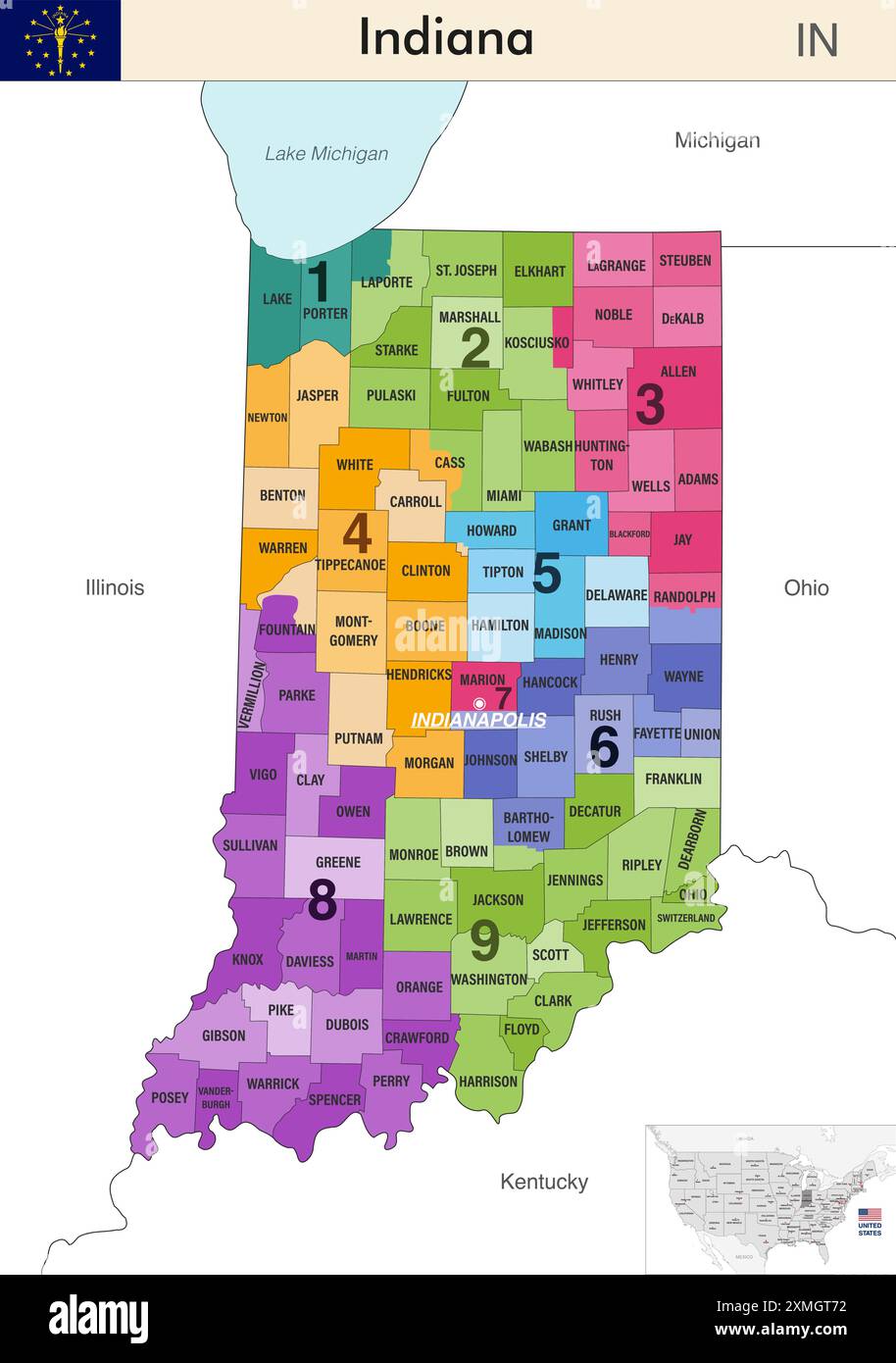 Indiana State Map mit Countys Grenzen und farbigen Kongressbezirken, die aufgrund der US-Volkszählung von 2020 gelten und seit dem 2. Februar gültig sind Stock Vektor