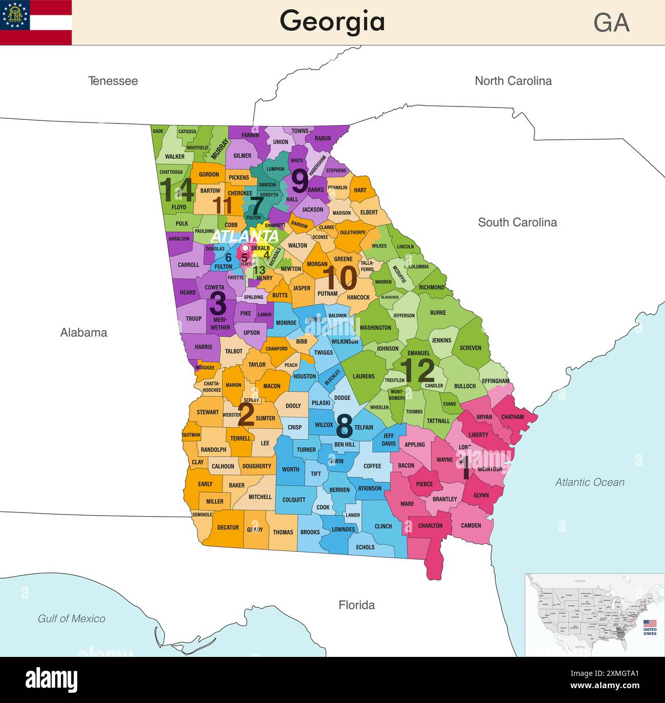 Georgia State Map mit Countys Grenzen und farbigen Kongressbezirken Grenzen aufgrund der US-Volkszählung von 2020 und gültig ab 20 Stock Vektor