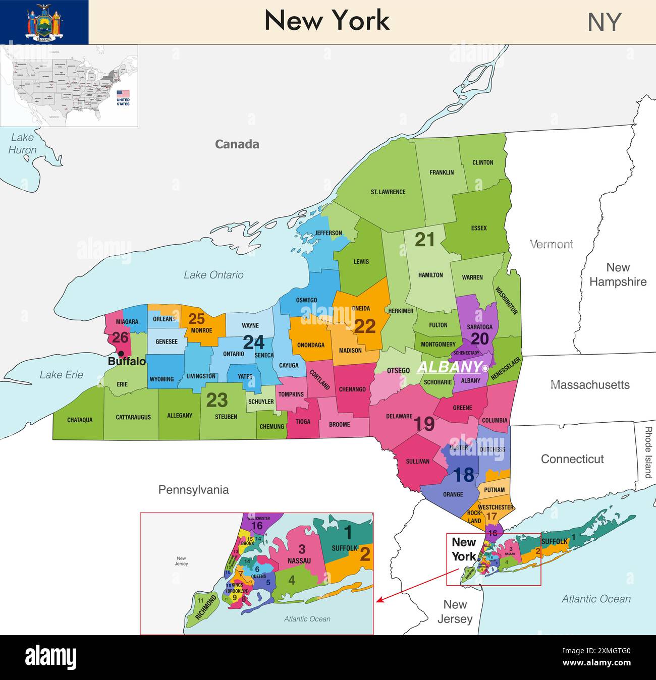 New York State Map mit Countys Grenzen und farbigen Kongressbezirken Grenzen aufgrund der US-Volkszählung von 2020 und die seitdem gültig ist Stock Vektor