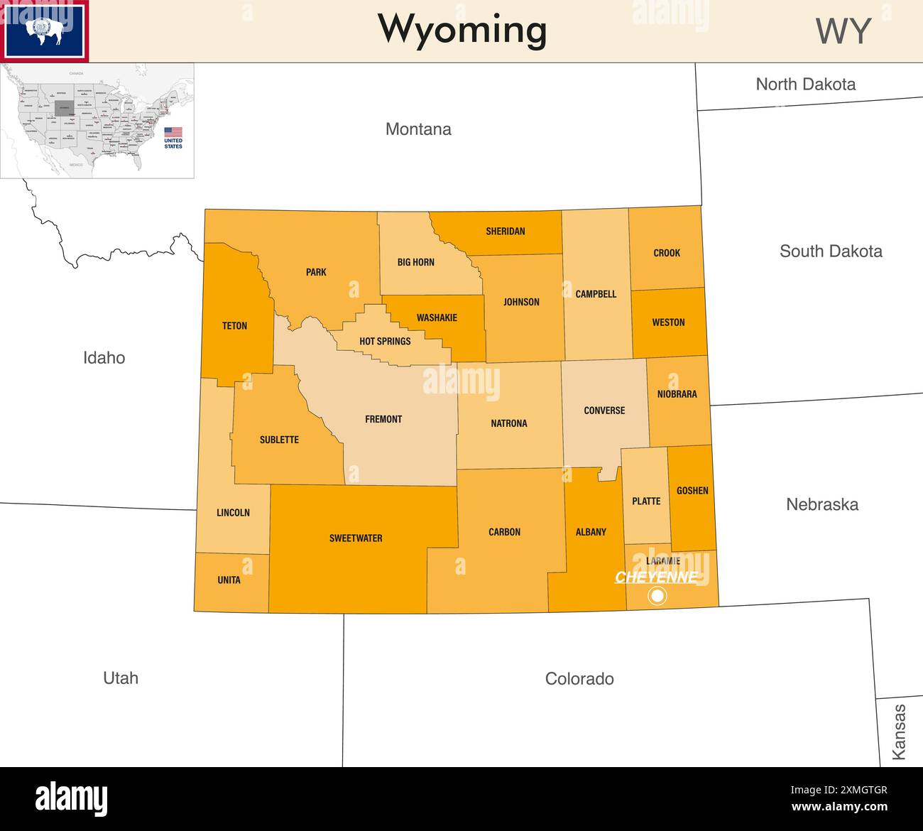 Wyoming State Map mit Countys Grenzen. Wyomings großer Kongressbezirk. Flagge von Wyoming. Vektor Stock Vektor
