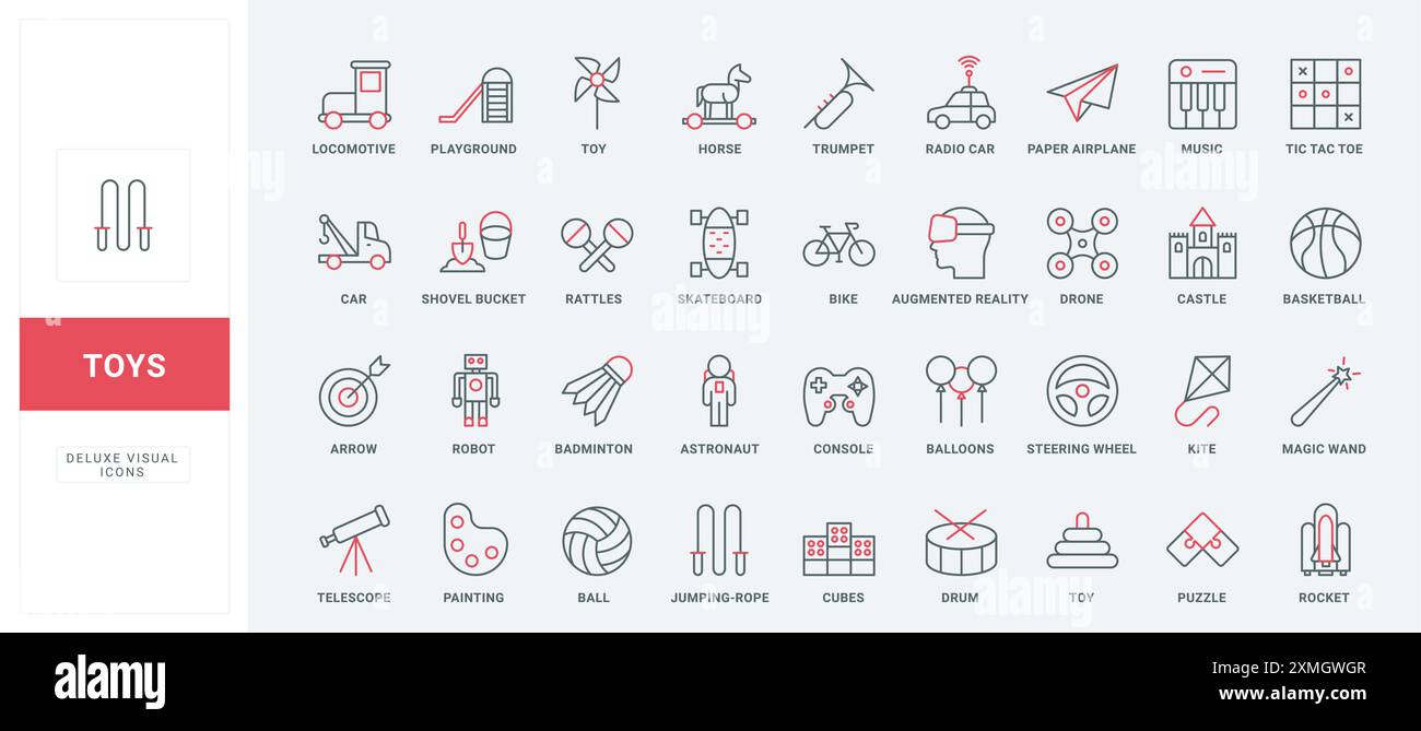 Spielzeuge für Kinderspiele zu Hause und auf dem Spielplatz sind Symbole gesetzt. Spielzeug Auto und Sandbox Ausrüstung, Lokomotive und Pferd für Baby Jungen, Trommel und Drachen dünne schwarze und rote Umrisssymbole Vektor Illustration Stock Vektor
