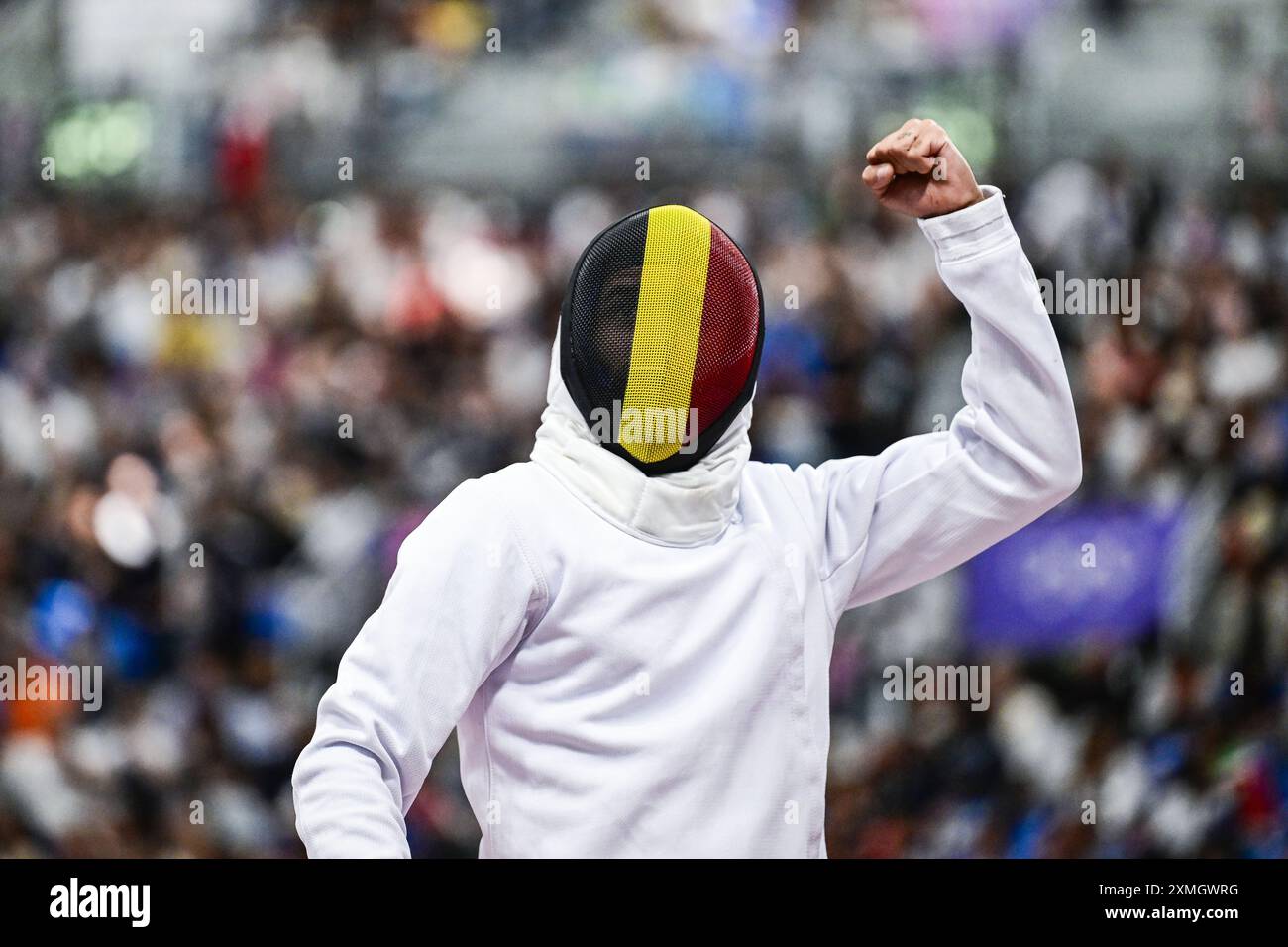 Paris, Frankreich. Juli 2024. Der belgische Fechter Neisser Loyola reagiert auf einen Punkt bei einem Fechtkampf zwischen dem Schweizer Bayard und der belgischen Loyola, in der Tabelle von 32 der Männer-Epee-Einzelwettbewerbe bei den Olympischen Spielen 2024 in Paris, Frankreich, am Sonntag, den 28. Juli 2024. Die Spiele der XXXIII. Olympiade finden vom 26. Juli bis 11. August in Paris statt. Die belgische Delegation zählt 165 Athleten, die in 21 Sportarten antreten. BELGA FOTO DIRK WAEM Credit: Belga News Agency/Alamy Live News Stockfoto