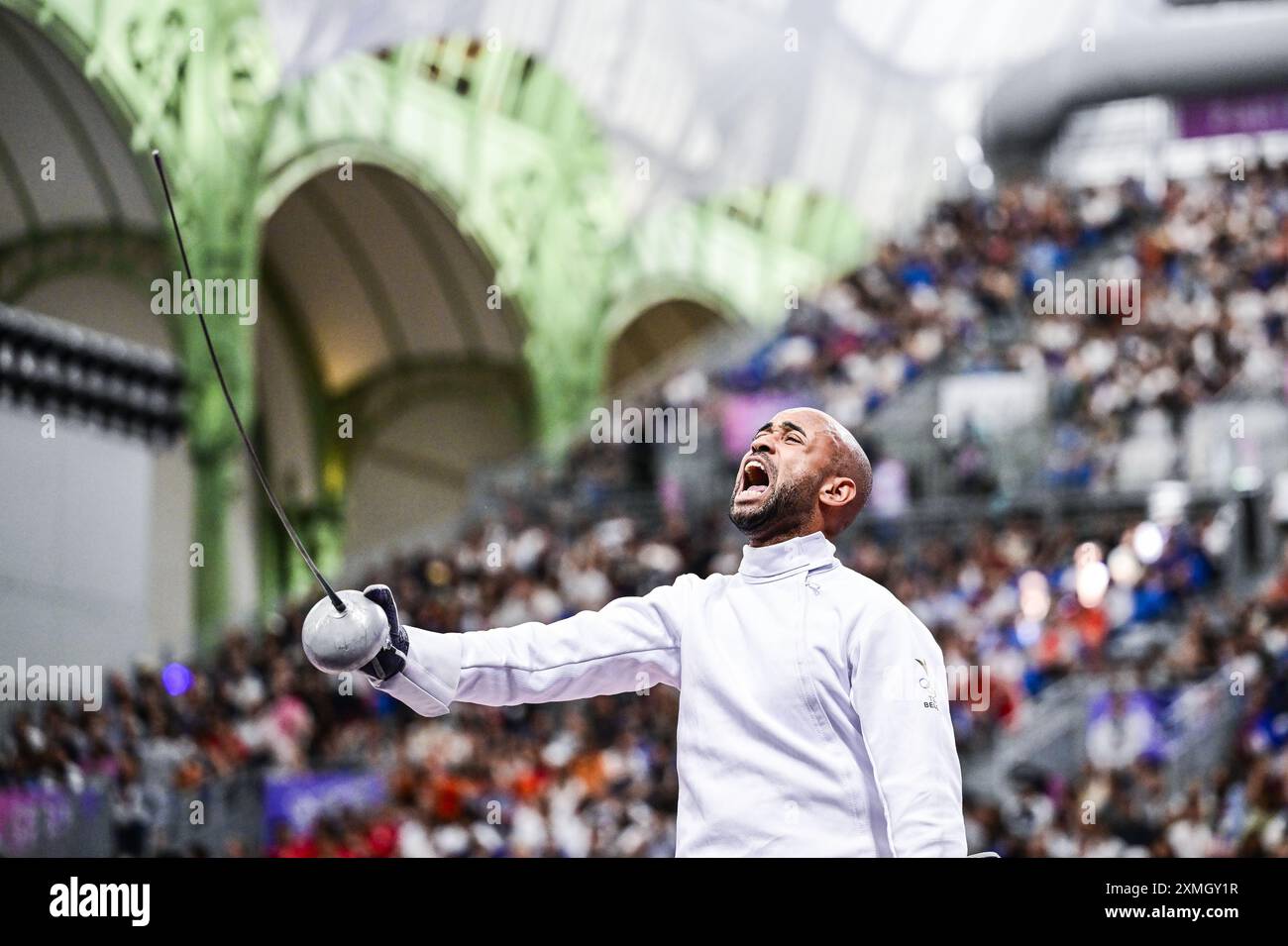 Paris, Frankreich. Juli 2024. Der belgische Fechter Neisser Loyola feiert nach dem Sieg eines Fechten zwischen dem Schweizer Bayard und der belgischen Loyola in der Tabelle von 32 der Männer-Ekee-Einzelwettbewerbe bei den Olympischen Spielen 2024 in Paris, Frankreich, am Sonntag, den 28. Juli 2024. Die Spiele der XXXIII. Olympiade finden vom 26. Juli bis 11. August in Paris statt. Die belgische Delegation zählt 165 Athleten, die in 21 Sportarten antreten. BELGA FOTO DIRK WAEM Credit: Belga News Agency/Alamy Live News Stockfoto