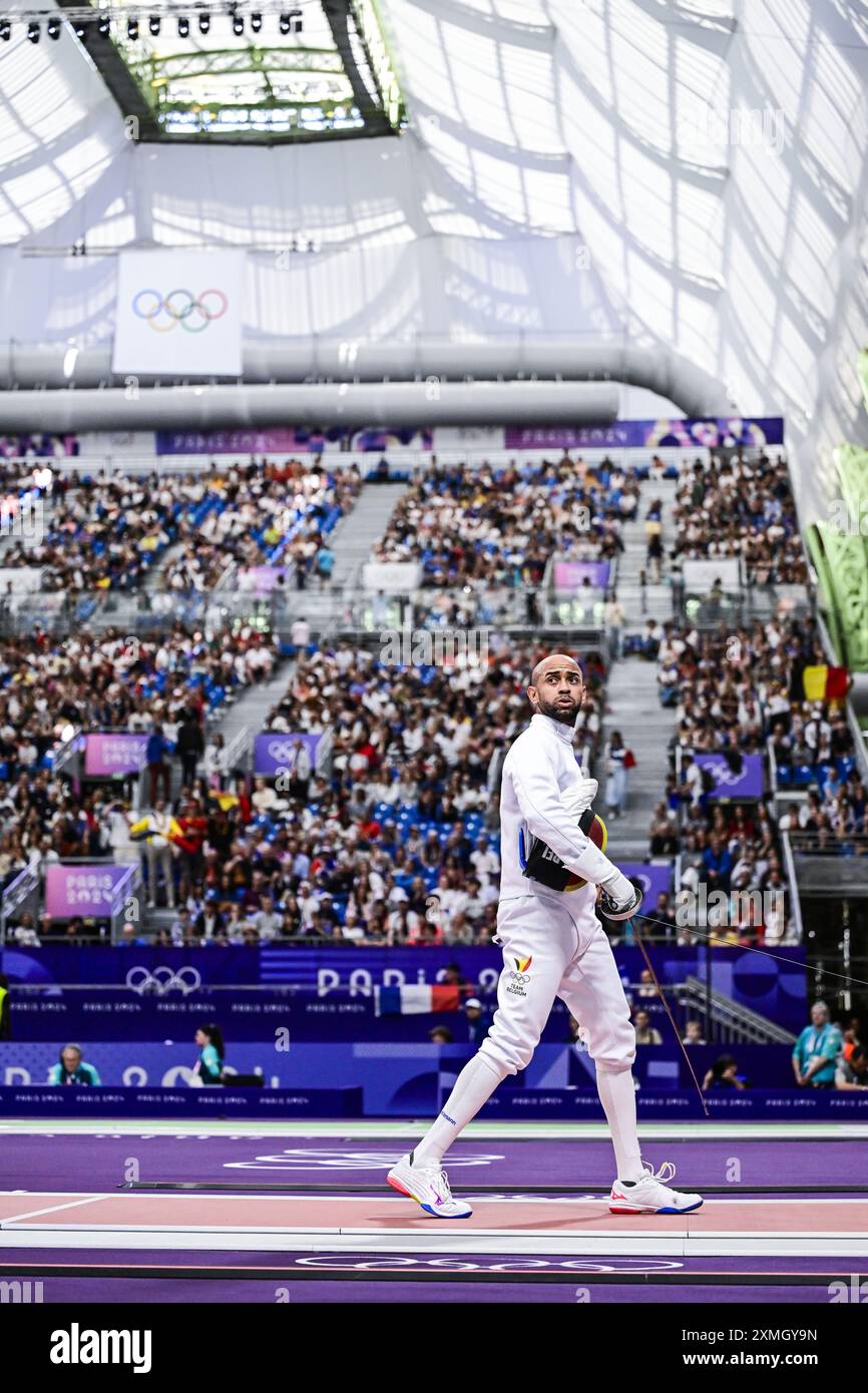 Paris, Frankreich. Juli 2024. Der belgische Fechter Neisser Loyola feiert nach dem Sieg eines Fechten zwischen dem Schweizer Bayard und der belgischen Loyola in der Tabelle von 32 der Männer-Ekee-Einzelwettbewerbe bei den Olympischen Spielen 2024 in Paris, Frankreich, am Sonntag, den 28. Juli 2024. Die Spiele der XXXIII. Olympiade finden vom 26. Juli bis 11. August in Paris statt. Die belgische Delegation zählt 165 Athleten, die in 21 Sportarten antreten. BELGA FOTO DIRK WAEM Credit: Belga News Agency/Alamy Live News Stockfoto