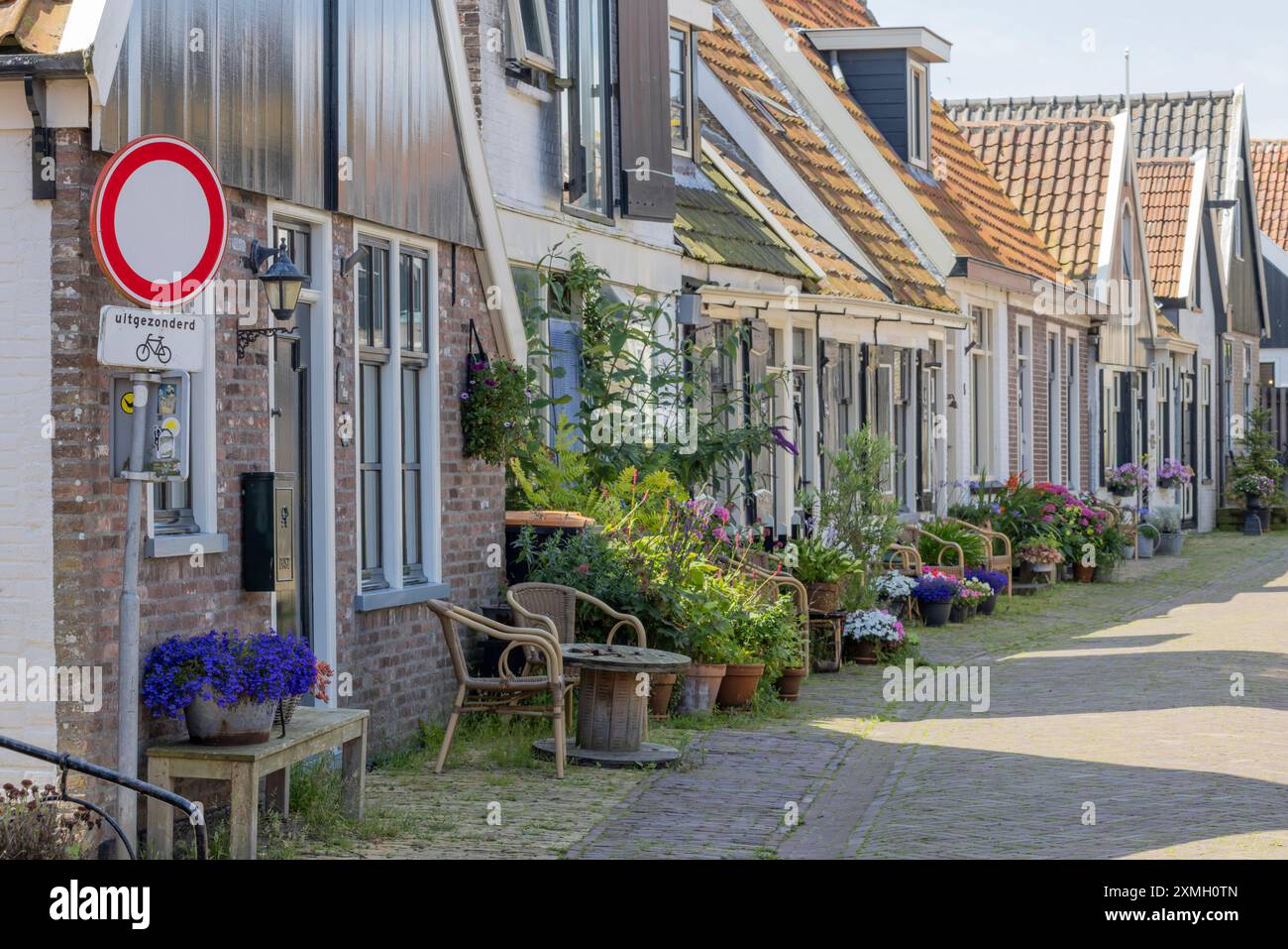 Blick auf die Straße mit allen Arten von Blumen und Pflanzen vor den kleinen alten Fischerhäusern in Oosterend watteninsel Texel in den Niederlanden. Stockfoto