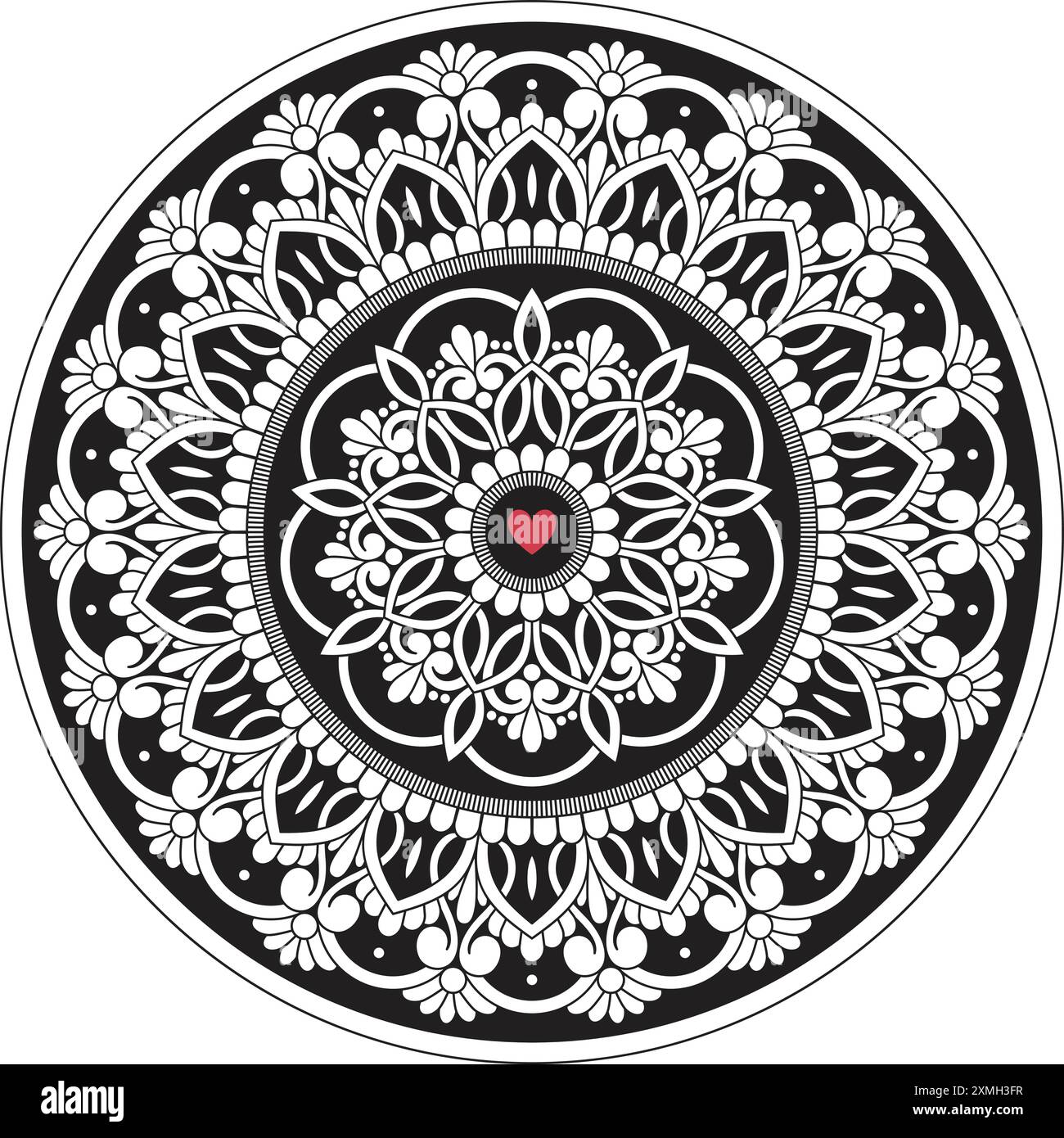 Dekoratives Schwarz-weiß-Mandala-Design mit Blumenmuster und kleinem rotem Herz in der Mitte. Verzierung Vektor-Illustration. Stock Vektor