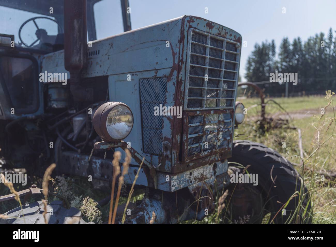 Ein alter, verrosteter Traktor, der in einem ländlichen Hinterhof mit bewachsenem Gras neben Häusern und Versorgungsmasten unter klarem blauem Himmel geparkt ist. Stockfoto