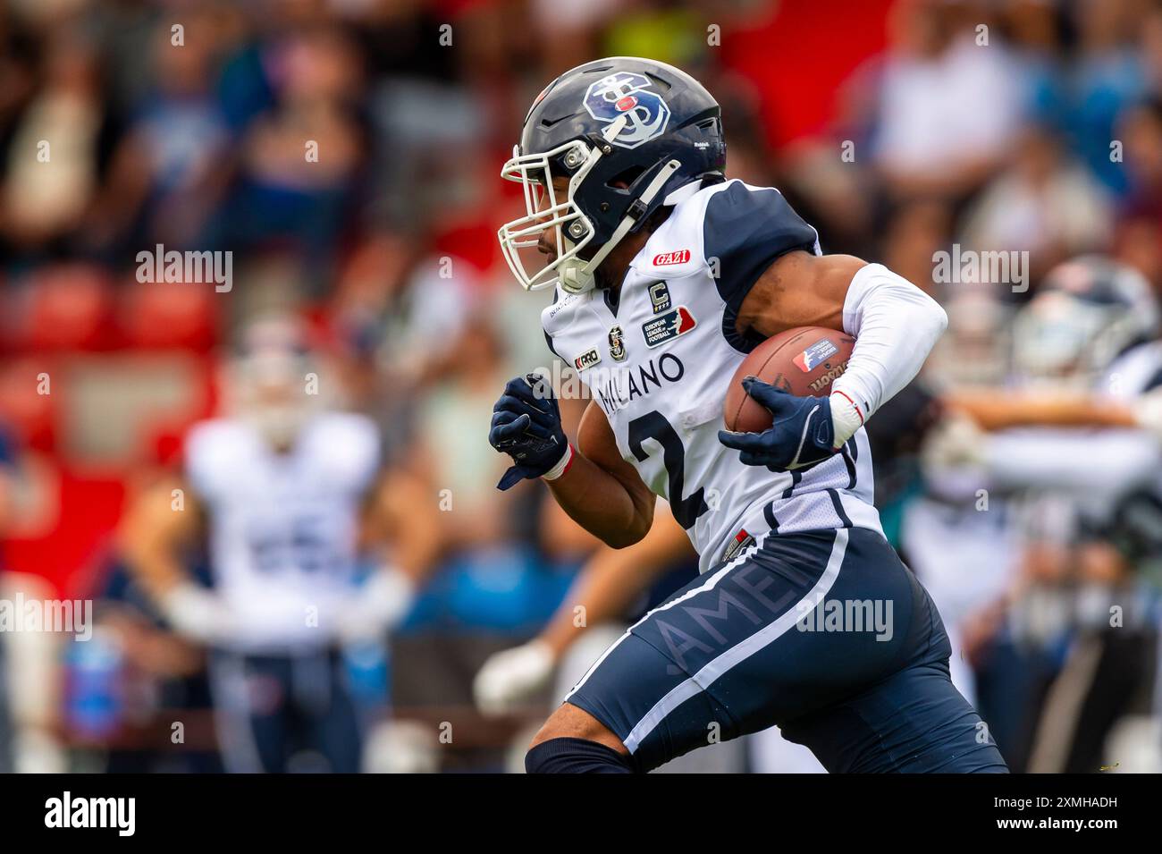 Sam Westfall (Milano Seamen #2) mit dem Return GER, Munich Ravens vs Milano Seamen, Amerian Football, elf, Woche 4, Saison 2024, 28.07.2024, Foto: Eibner-Pressefoto/Florian Wolf Stockfoto