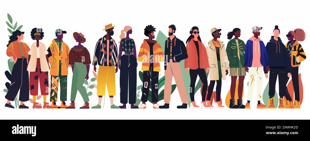 Verschiedene Gruppen stilvoller Menschen in trendiger Kleidung, die zusammen mit Pflanzenelementen im Hintergrund stehen Stock Vektor