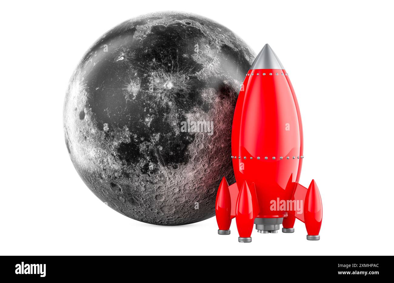 Auf den Mond, Konzept. Mond mit Raketenschiff. 3D-Rendering isoliert auf weißem Hintergrund Stockfoto