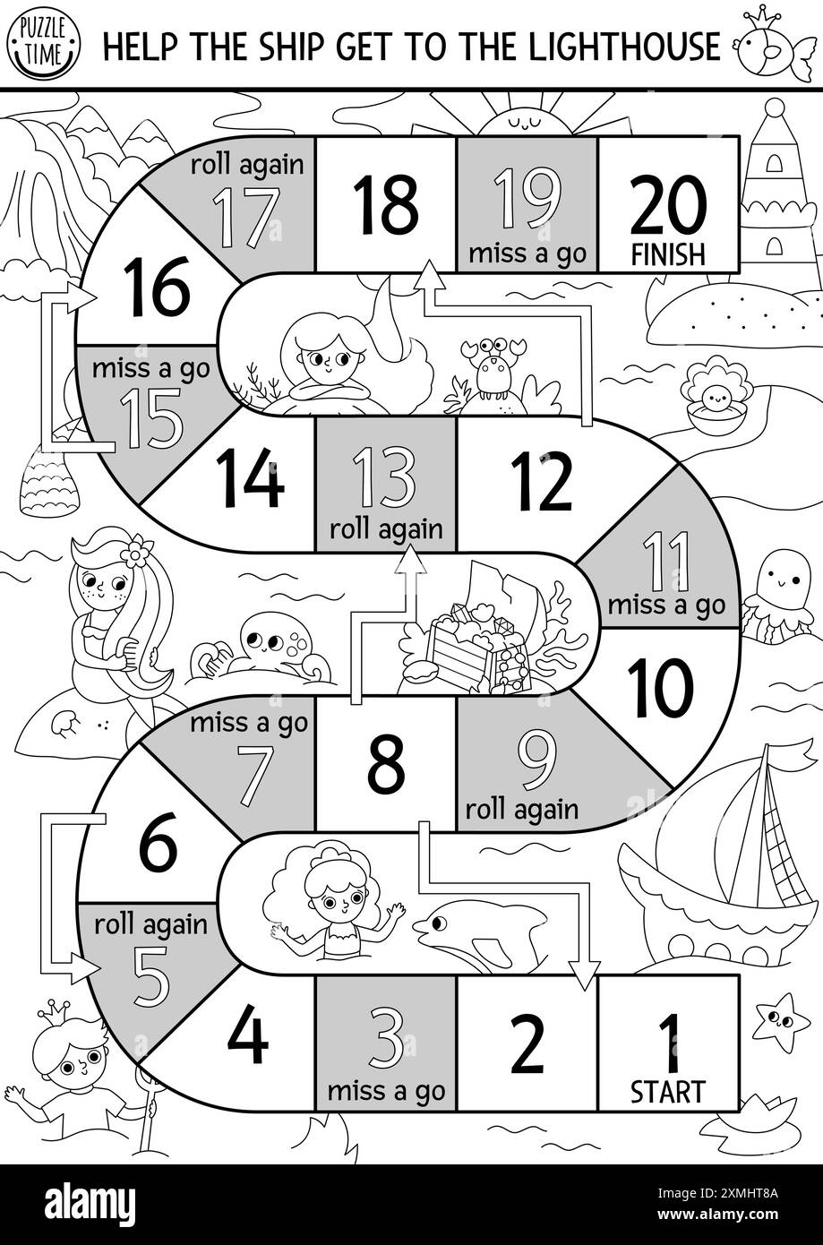 Mermaid Schwarz-weiß Würfel Brettspiel für Kinder mit Meeresprinzessin. Marinelinien-Brettspiel-Ausmalseite mit Lagunenlandschaft. Märchenhafte Printabl Stock Vektor
