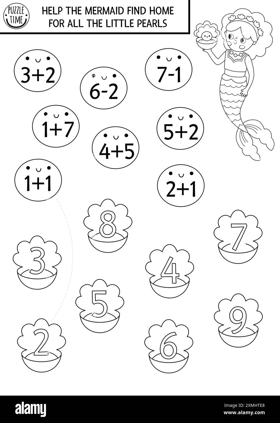 Zählen Sie das schwarz-weiße Meerjungfrauenspiel mit Meeresprinzessin, Perlen und Muscheln. Ocean Kingdom Mathematik-Aktivität für Kinder. Unterrichtswesen Stock Vektor