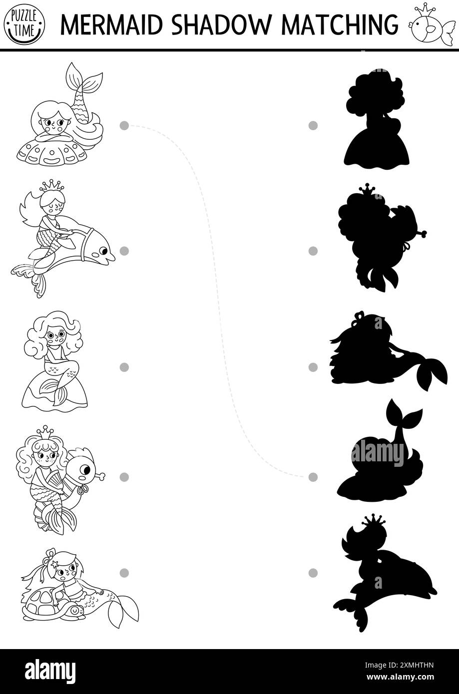 Meerjungfrau Schwarz-weiß-Schatten passend zu Aktivität mit Meeresprinzessin. Märchenhaftes Ozeanreich-Puzzle mit süßen Mädchen, Haustieren. Finde die richtige Silhouette Stock Vektor