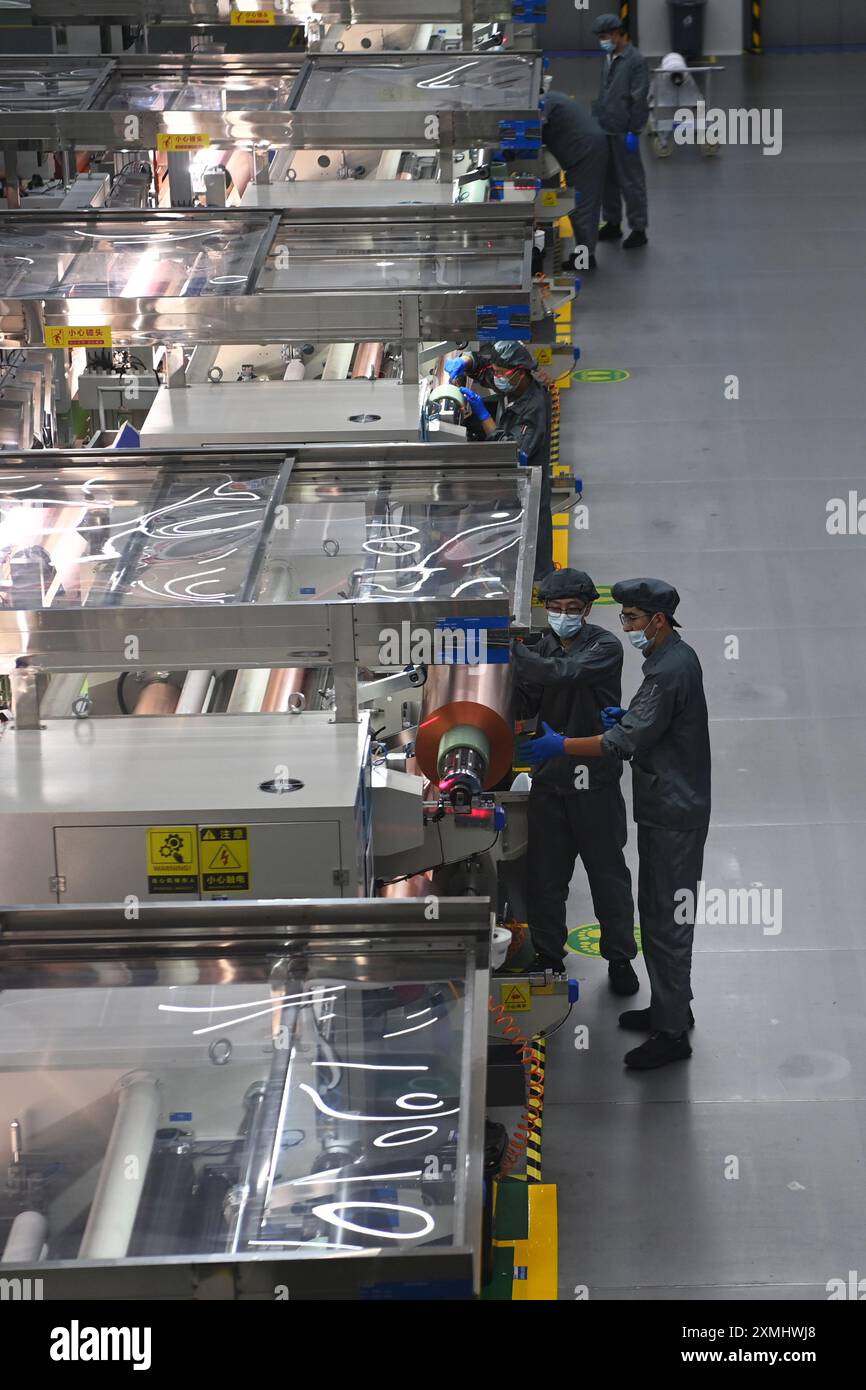 (240728) -- LANZHOU, 28. Juli 2024 (Xinhua) -- Arbeiter arbeiten an einer Produktionslinie für Kupferfolien in Lanzhou New Area in Lanzhou, nordwestchinesischer Provinz Gansu, 25. Juli 2024. In den letzten Jahren hat Lanzhou New Area 1.080 qualitativ hochwertige Industrieprojekte mit einer Gesamtinvestition von 528 Milliarden Yuan (rund 72,8 Milliarden US-Dollar) eingeführt, und die jährlich steigende Wertschöpfung der Industrie hat sich bei über 50 Prozent gehalten. Von 2011 bis 2023 stieg das regionale BIP von Lanzhou New Area von weniger als 500 Millionen Yuan (etwa 69 Millionen US-Dollar) auf 37,5 Milliarden Yuan (etwa 5,2 Rechnungen) Stockfoto
