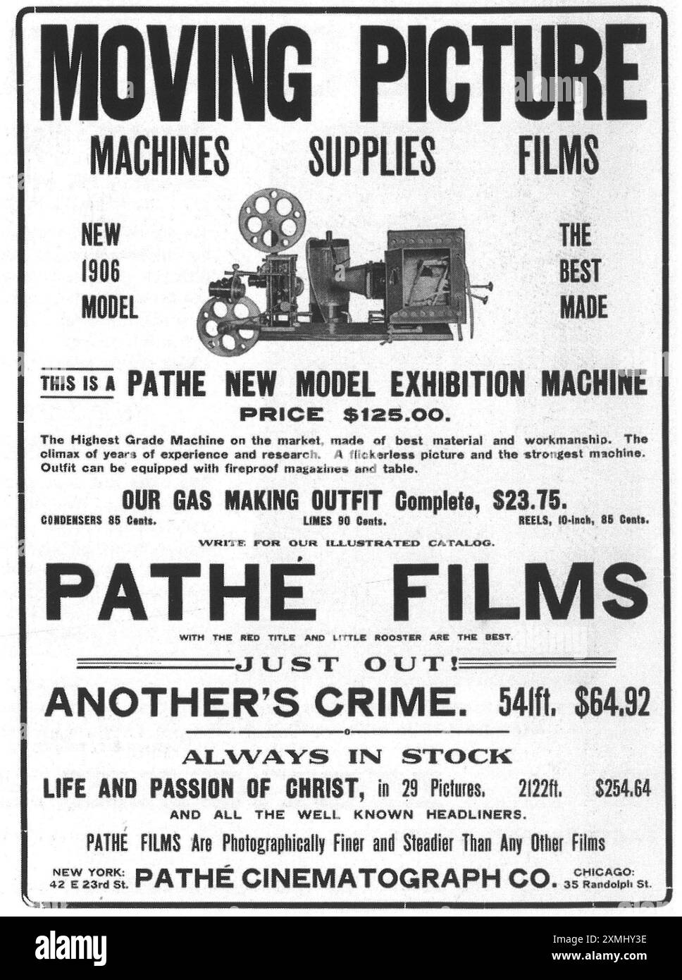 1906 Pathé Kinowerbung - Pathé neues Modell der Ausstellungs-Maschine Stockfoto