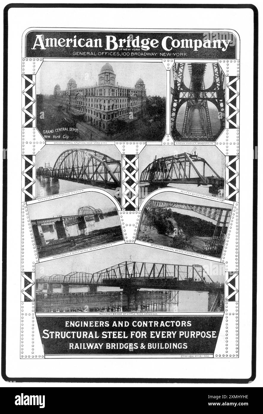 1903 American Bridge Company Ad- "Stahlbau für jeden Zweck. Eisenbahnbrücken und -Gebäude.“ Stockfoto