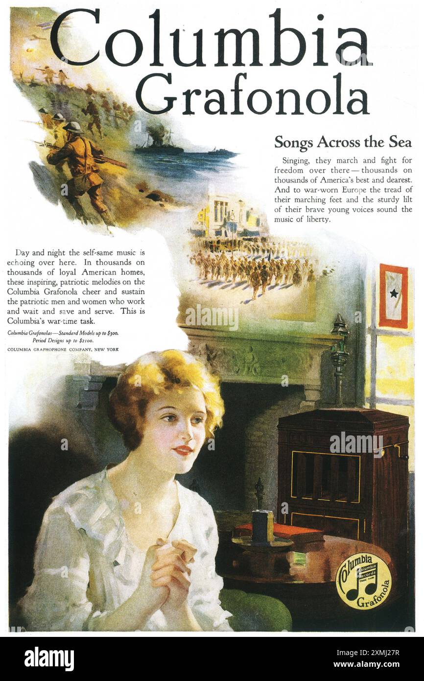 1919 WW1 Columbia Grafonola Phonographen Werbespot – „Songs Across the Sea“ Stockfoto