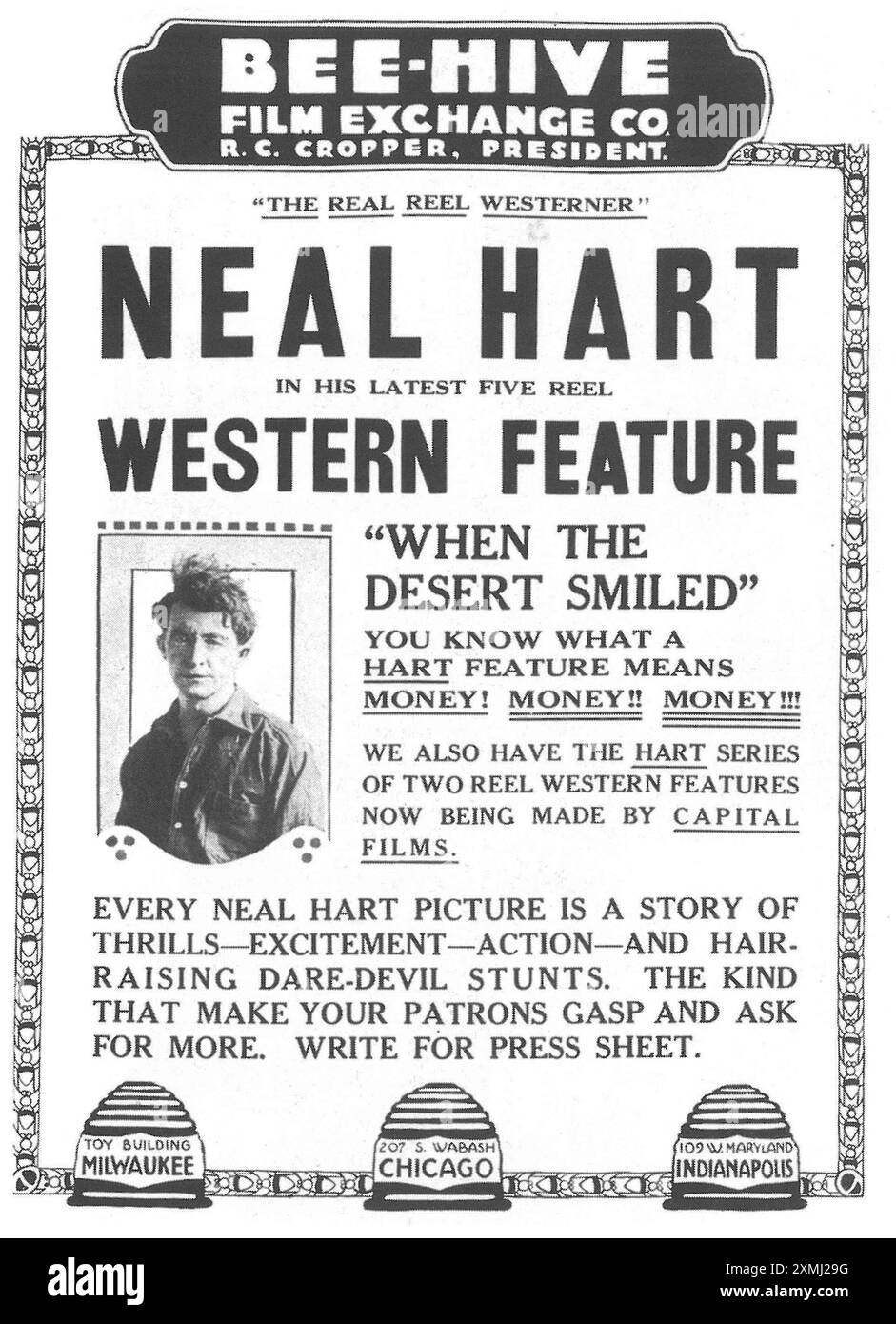 1919 When the Desert Smiles Filmposter: Neal Hart, ein US-amerikanischer Schauspieler und Regisseur der Stummzeit – Bee-Hive Film Exchange Stockfoto