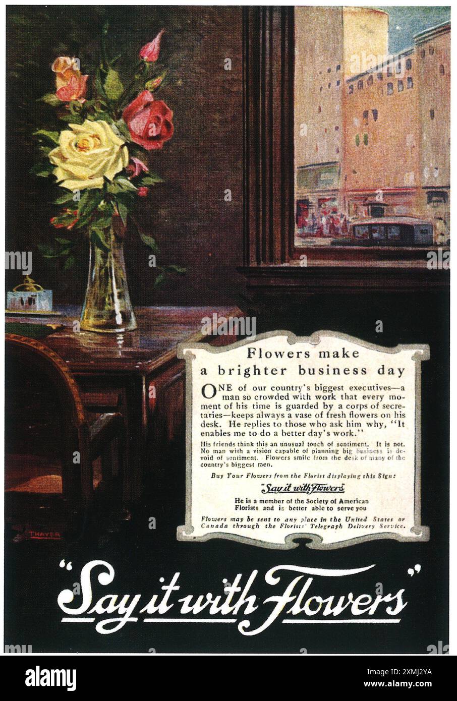 1919 Society of American Florists Werbespot: „Blumen machen einen helleren Arbeitstag!“ Geschäftsführerbüro Stockfoto