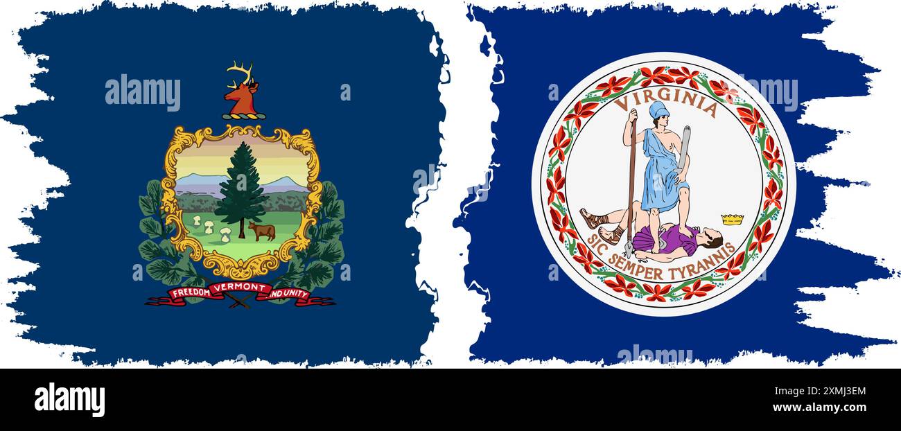 Virginia und Vermont staaten Grunge Pinsel Flags Verbindung, Vektor Stock Vektor