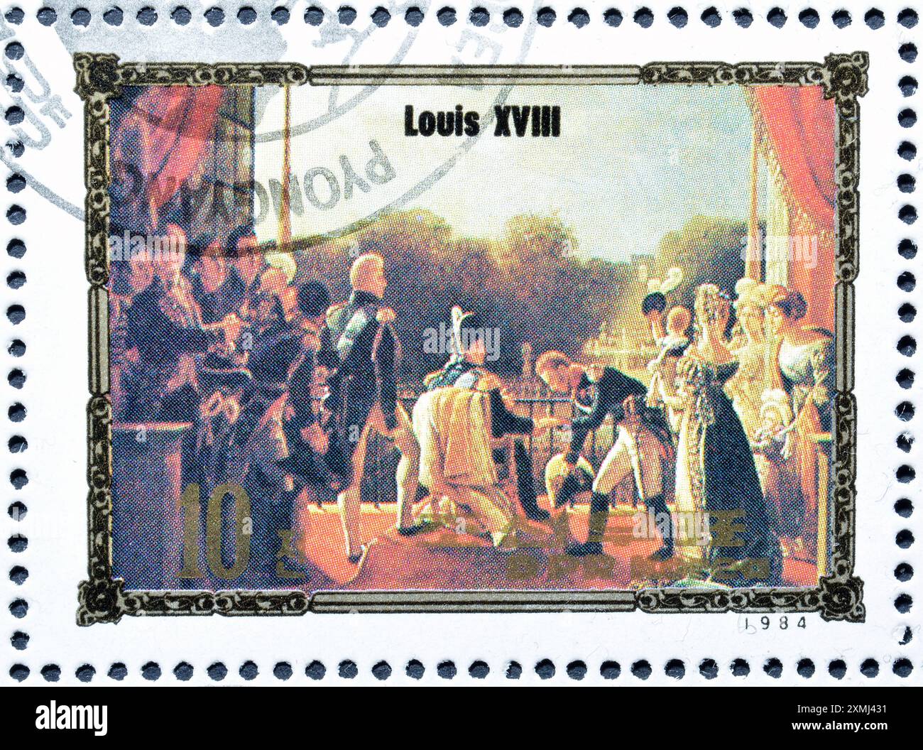 Von Nordkorea gedruckte gestempelte Briefmarke, die Louis XVIII. Zeigt, Porträts europäischer Herrscher, um 1984. Stockfoto