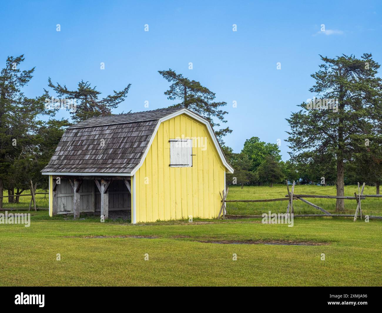 Im Robert G. Wehle State Park im Bundesstaat New York steht eine bezaubernde gelbe Scheune vor dem Hintergrund von Kiefern und einem strahlend blauen Himmel Stockfoto