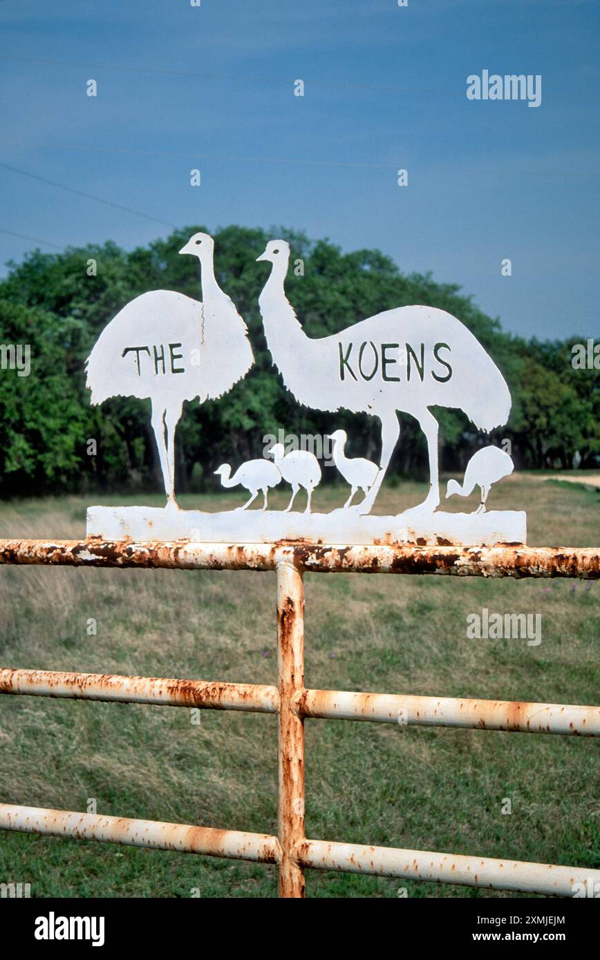 Straußenbilder am schmiedeeisernen Schild am Ranch Entrang, Hays County, Hill Country, in der Nähe von Wimberley, Texas, USA Stockfoto