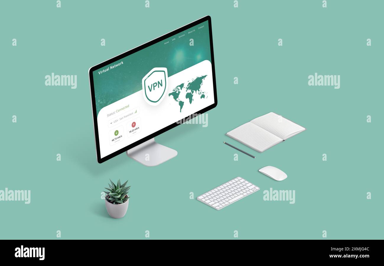 Computerdisplay mit einem VPN-Webseitenkonzept. Sichere Internetverbindung, Datenschutz und anonymes Surfen hervorgehoben Stockfoto