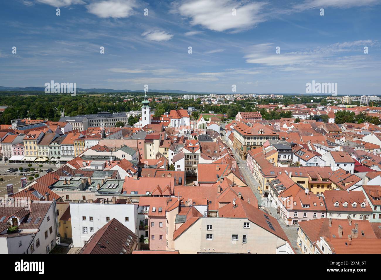 Luftbild von Ceske Budejovice, Stadt in Südmähren in der Tschechischen Republik am 27. Juli 2024 Stockfoto