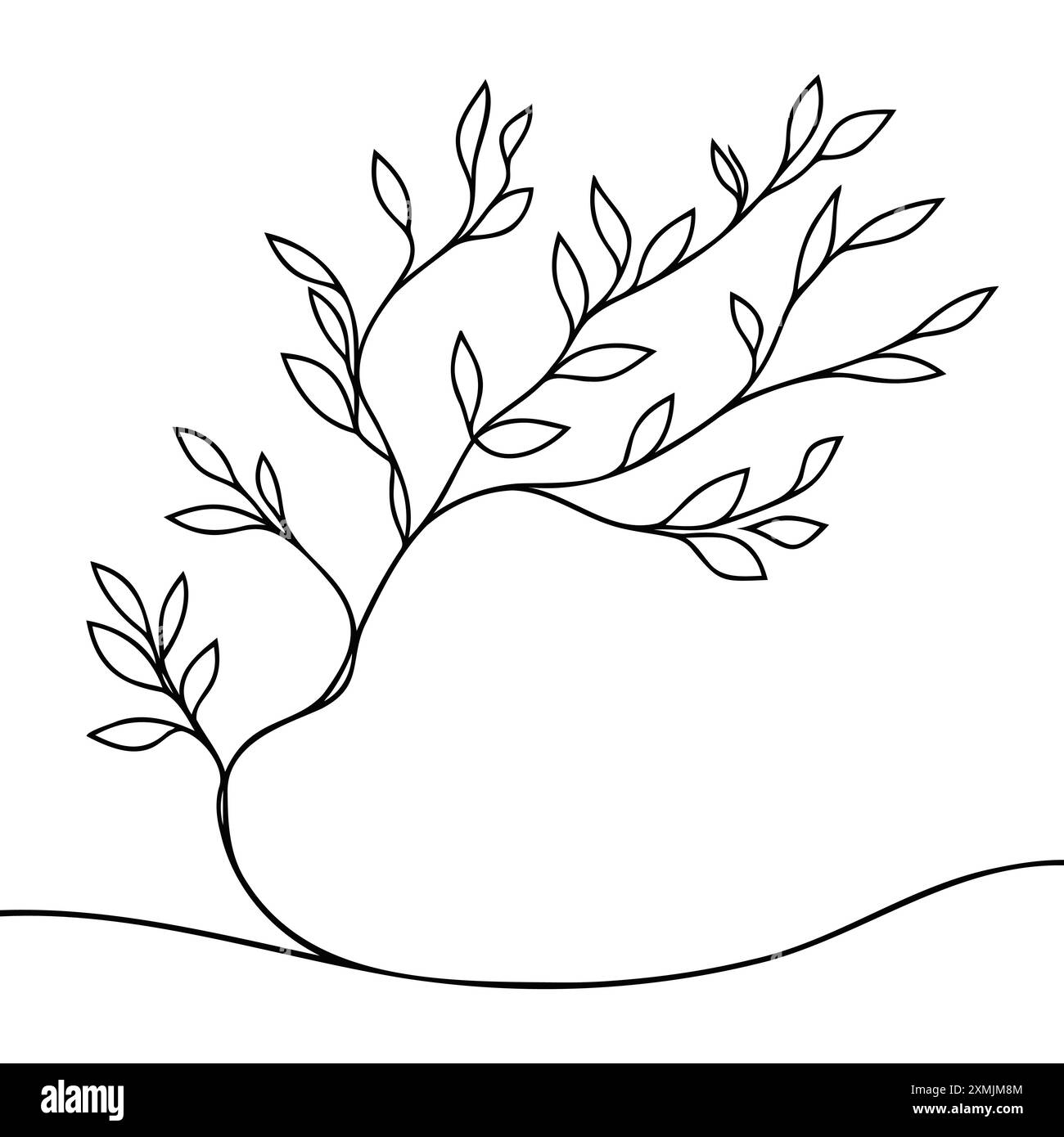 Baumzweig mit Blättern. Eine Linie durchgehende Verzweigung und Leaves. Isolierte Verzweigung der Linienart. Vektorgrafik umreißen Stock Vektor