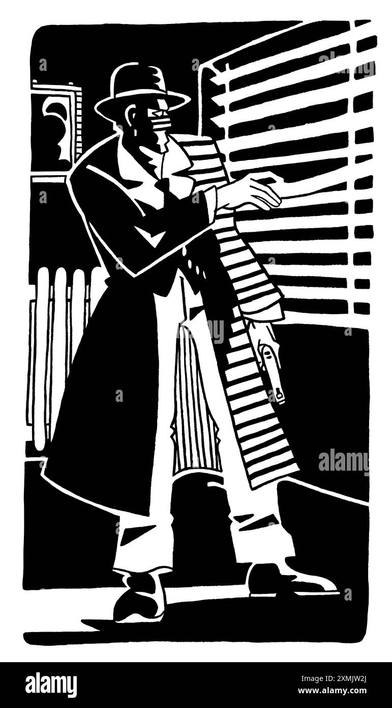 Vertikale Illustration in Tribut an Film Noir Filme mit einem einsamen Mann, der in seinem Detektivbüro jemanden mit einer Waffe in der Hand wartet, schwarz-weiß Stockfoto