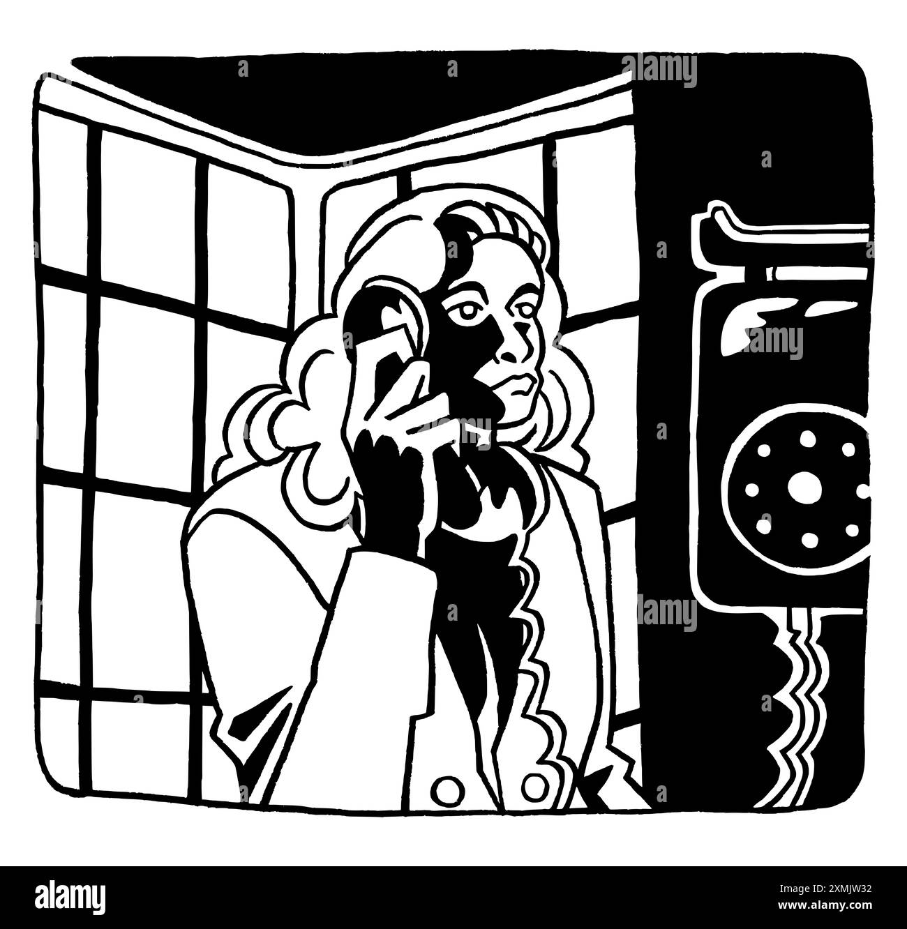 Quadratische Illustration in Tribut an Film Noir-Filme mit einer Frau, die in einer Telefonzelle die Polizei ruft, Schwarzweiß-Rendering Stockfoto