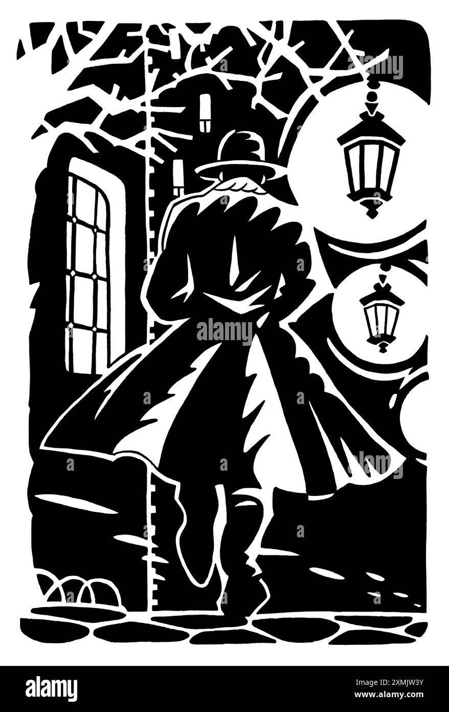 Vertikale Illustration in Hommage an Film Noir-Filme mit einem einsamen Mann mit Trenchcoat und Hut, der in einer großen, unbekannten Stadt, bla, spaziert Stockfoto